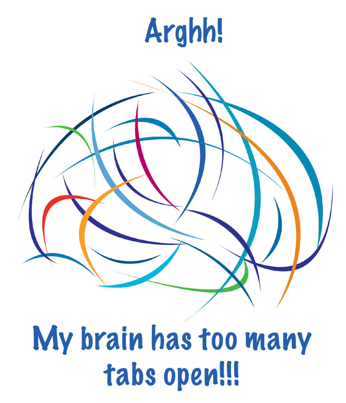 colourful image of brain made up of many coloured lines with the words 'Arghh!...My brain has too many tabs open' above and below the image